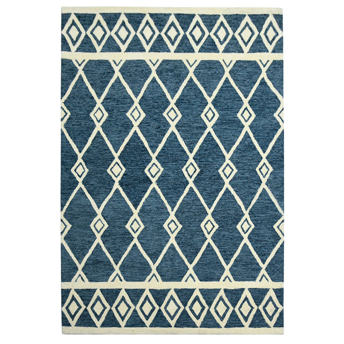 9' X 13' Wool Argyle Hand Hooked Area Rug - Blue And Ivory