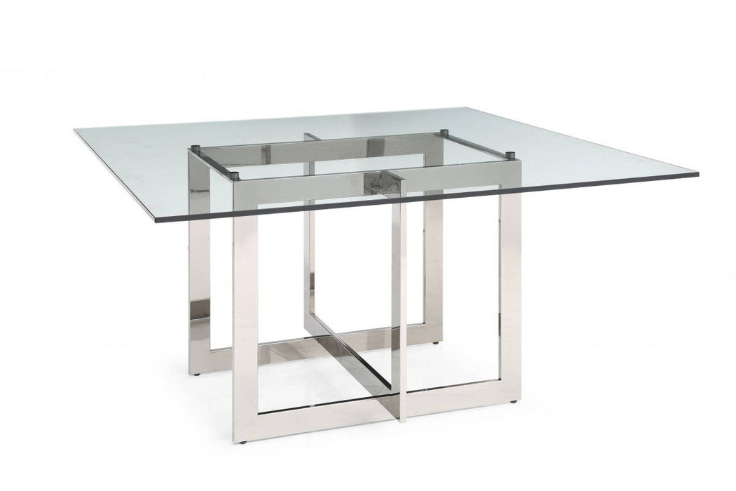 59" Square Glass And Stainless Steel Pedestal Base Dining Table - Clear