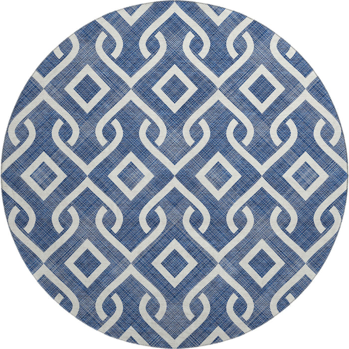 8' Geometric Washable Round Rug With UV Protection (652536) - Navy Blue / Ivory