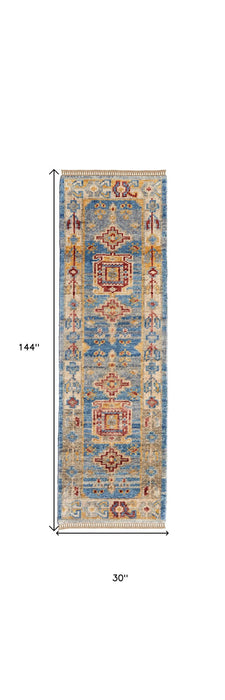 12' Wool Geometric Hand Knotted Runner Rug With Fringe - Blue Red And Yellow