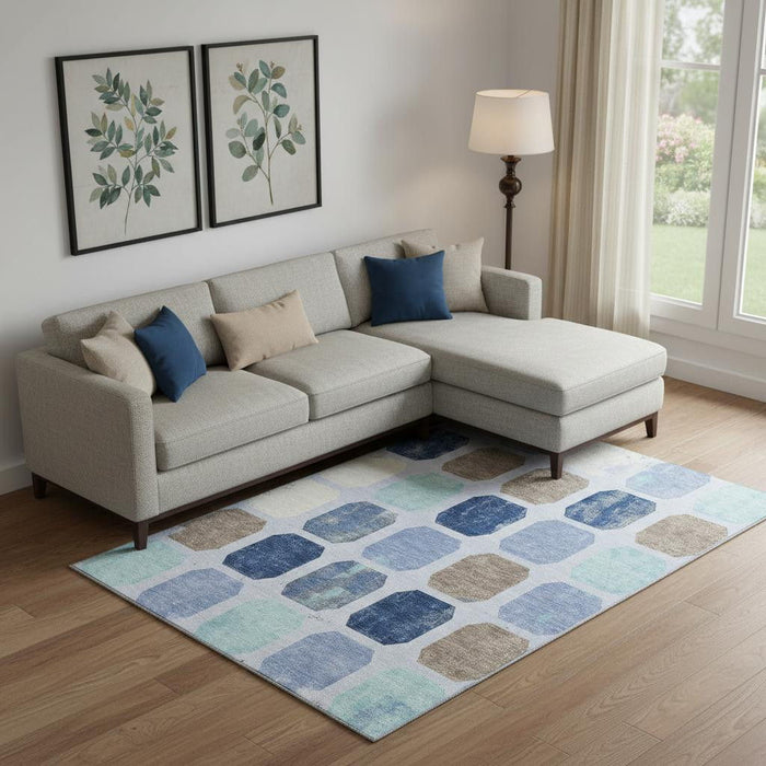 10' X 14' Geometric Washable Area Rug With UV Protection (709198) - Denim Blue / Brown / Teal