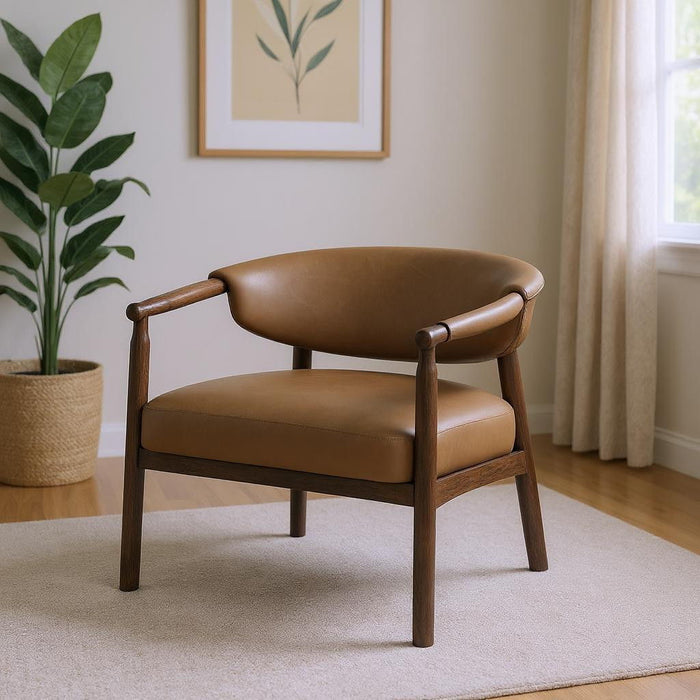 33" Faux Leather And Wood Arm Chair - Brown / Dark