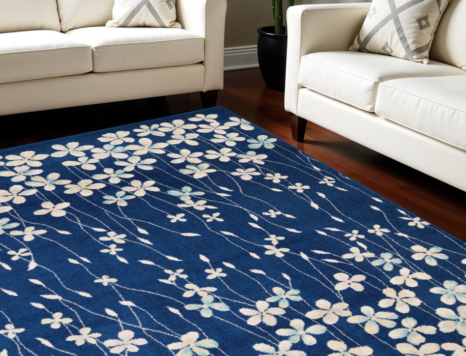 9' X 12' Floral Polypropylene Area Rug - Ivory And Navy Blue
