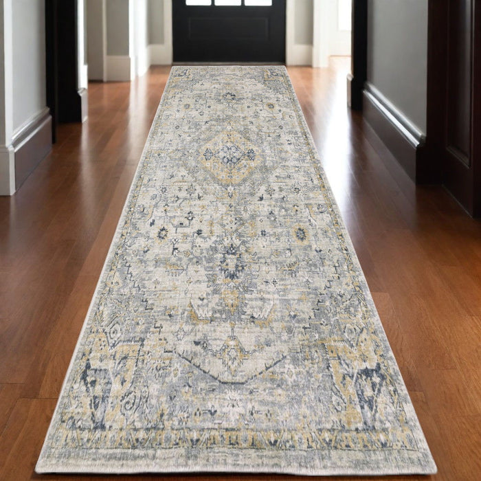 10' Medallion Hand Tufted Runner Rug - Gray / Gold