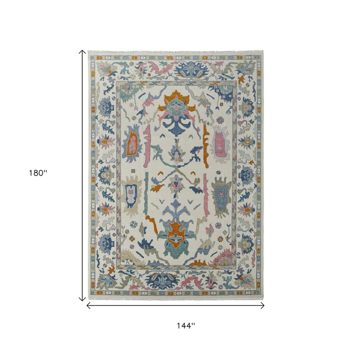 12' X 15' Floral Hand Knotted Area Rug With Fringe - Ivory