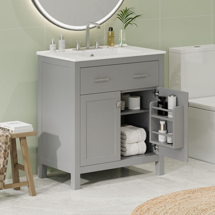 Giga bathroom vanity with ceramic sink, modern single cabinet featuring two doors, a shelf, and soft-close mechanism