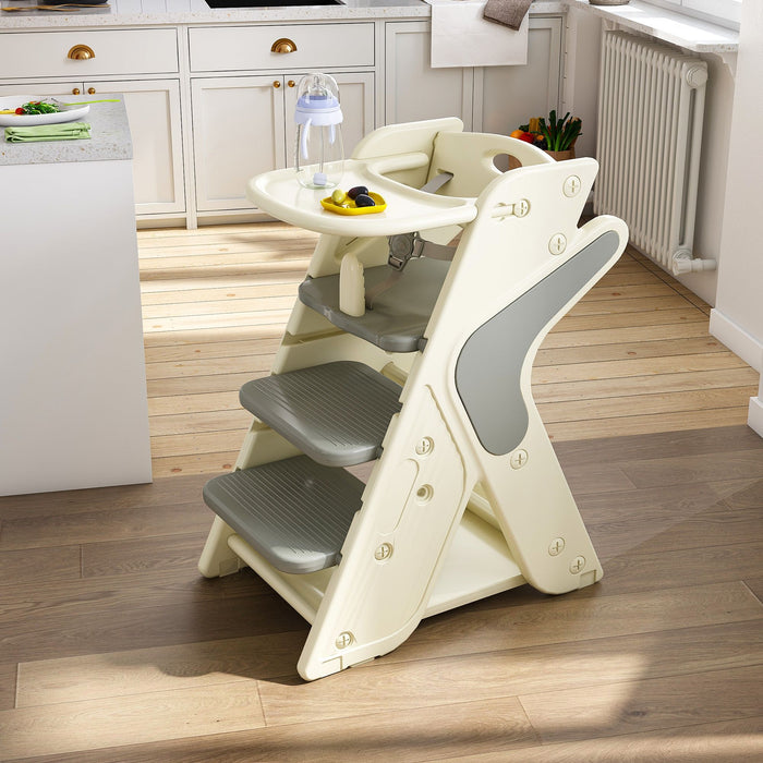 Giga multifunctional highchair for toddlers with adjustable height, 5-point seat belts, and a comfortable dining seat.