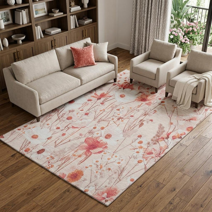 10' X 14' Floral Washable Area Rug With UV Protection (694086) - Salmon / Ivory