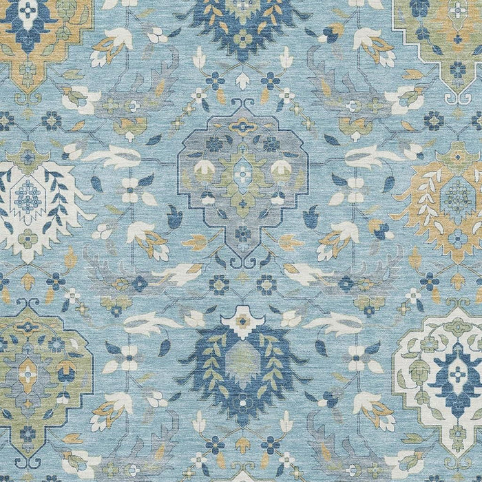 10' X 14' Damask Washable Area Rug With UV Protection (680577) - Sky Blue / Gold / Gray
