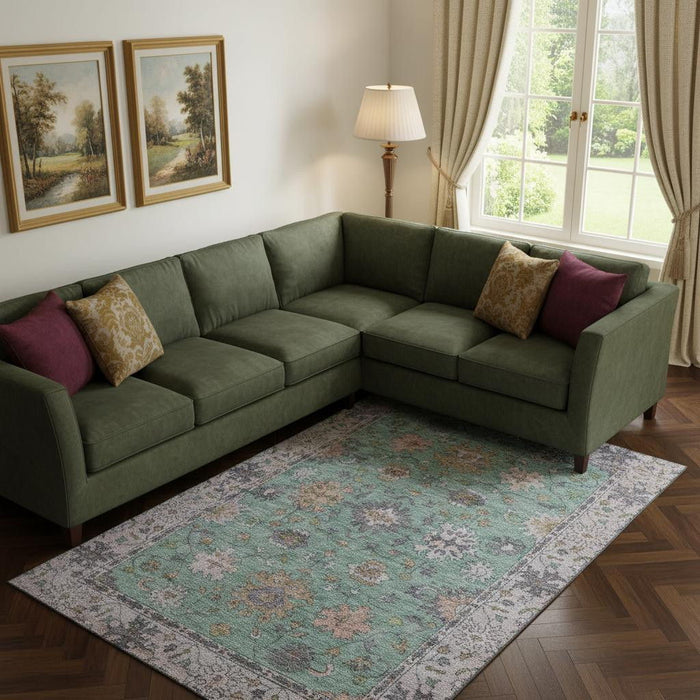 10' X 14' Oriental Washable Area Rug With UV Protection (716575) - Mint Green / Peach