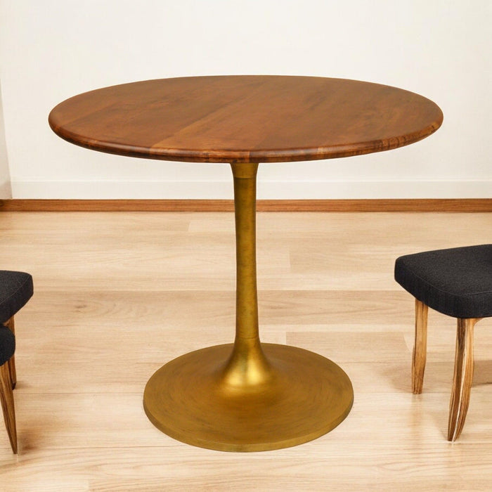 36" Rounded Solid Wood And Iron Pedestal Base Dining Room Table - Brown