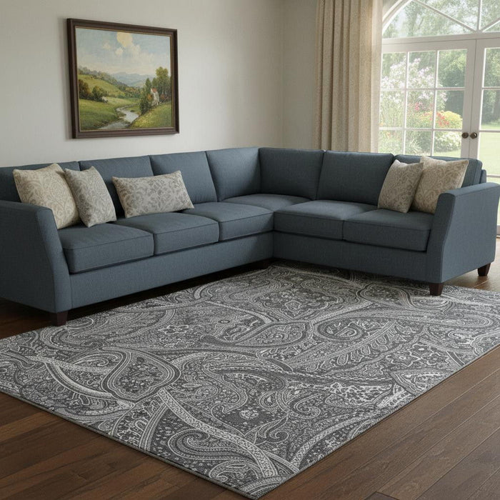 10' X 14' Paisley Washable Area Rug With UV Protection (652653) - Gray / Ivory