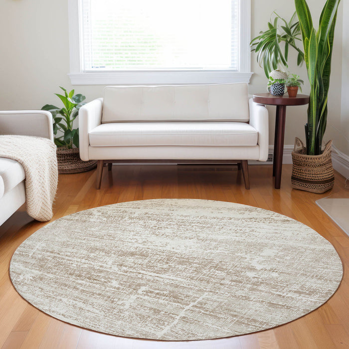 8' Abstract Washable Round Rug With UV Protection - Beige And Ivory