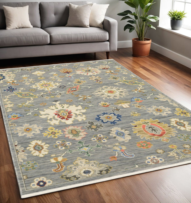5' x 8' Oriental Power Loom Stain Resistant Area Rug With Fringe - Gray Ivory Gold Salmon Red Blue And Green