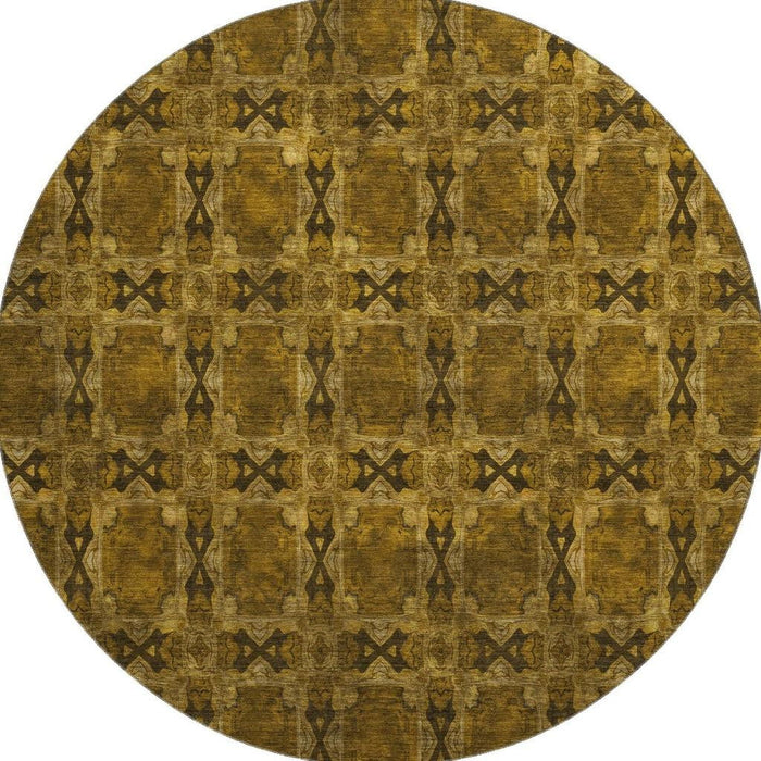 8' Floral Medallion Washable Round Rug With UV Protection (649471) - Chocolate / Gold