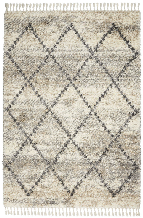 4' X 6' Geometric Shag Non Skid Area Rug With Fringe (552485) - Ivory / Gray