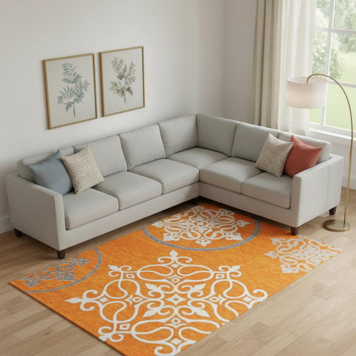 10' X 14' Floral Medallion Washable Area Rug With UV Protection (669546) - Orange / Ivory / Gray