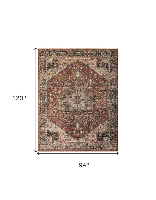 8' x 10' Abstract Distressed Area Rug With Fringe - Red Ivory And Black
