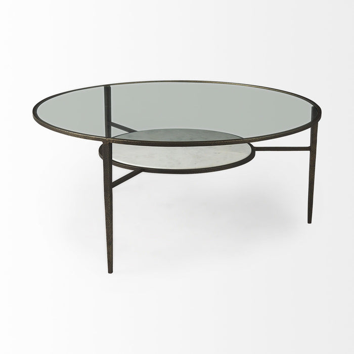 HomeRoots glass and metal round coffee table with shelf, clear glass top and bronze frame, modern living room furniture.
