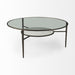 HomeRoots glass and metal round coffee table with shelf, clear glass top and bronze frame, modern living room furniture.