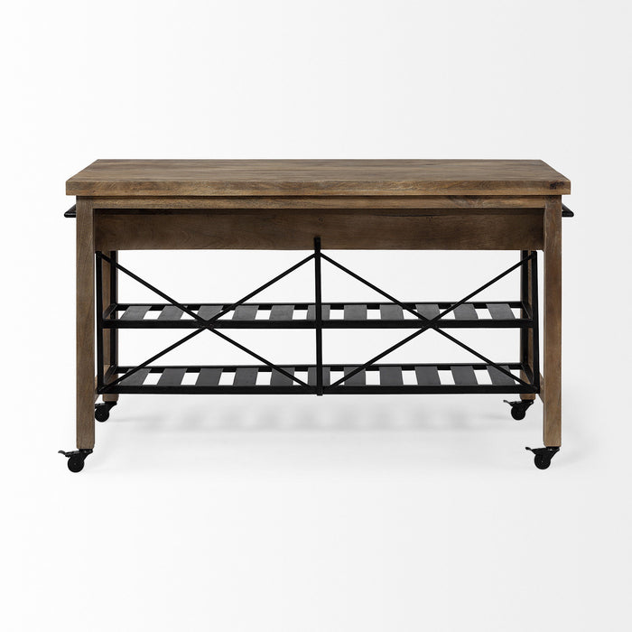 Solid Wood Top Kitchen Island With Two Tier Metal Rolling - Brown