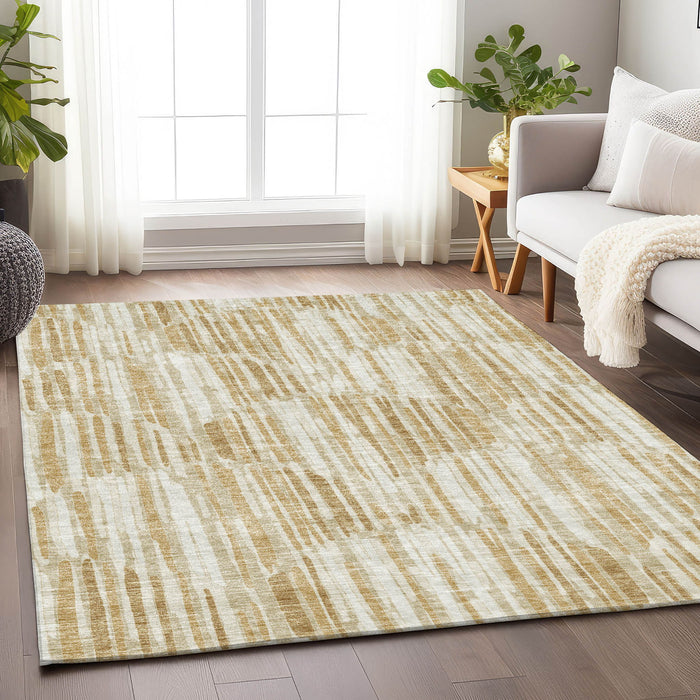 10' X 14' Abstract Washable Area Rug With UV Protection - Gold / Beige
