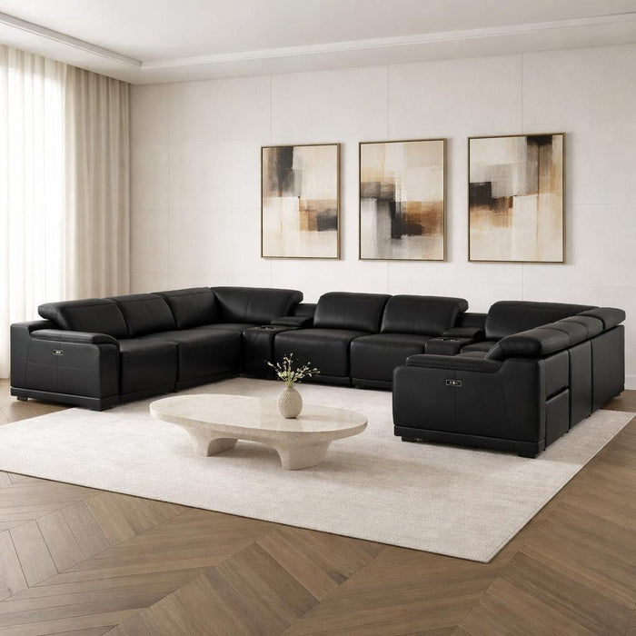 Leather Modular U Shaped Ten Piece Corner Sectional With Console - Black