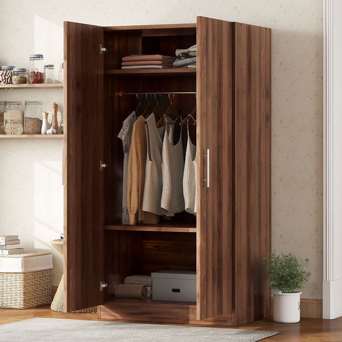Giga 2-door wooden wardrobe armoire in brown with three storage shelves, showcasing a classic design and spacious interior.