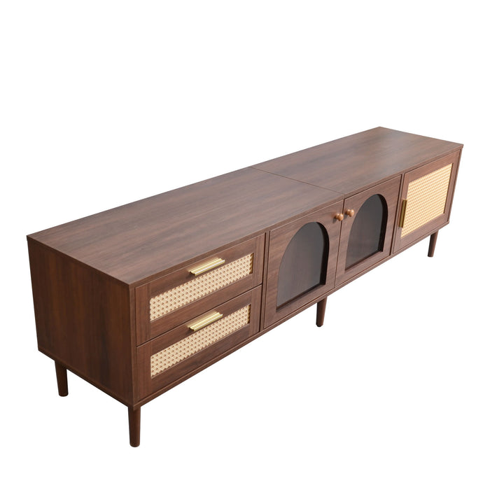 Dark brown Giga TV stand with 3 cabinets, 2 drawers, and LED lighting for TVs up to 80 inches, modern media console.