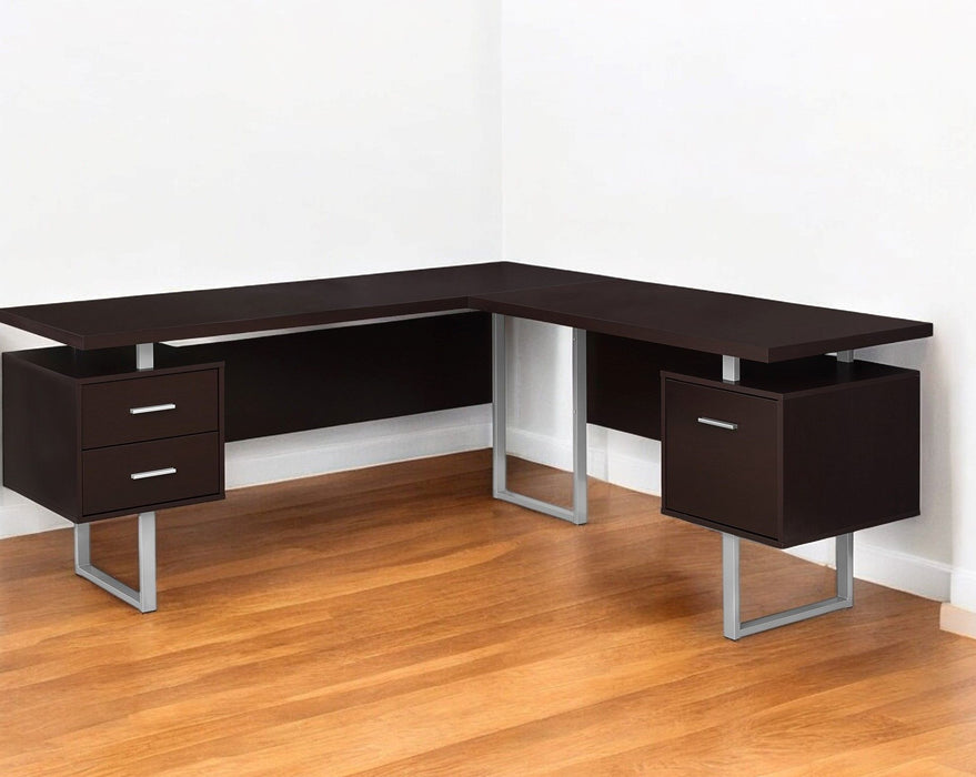 L Shape Computer Desk With Three Drawers - Brown And Silver