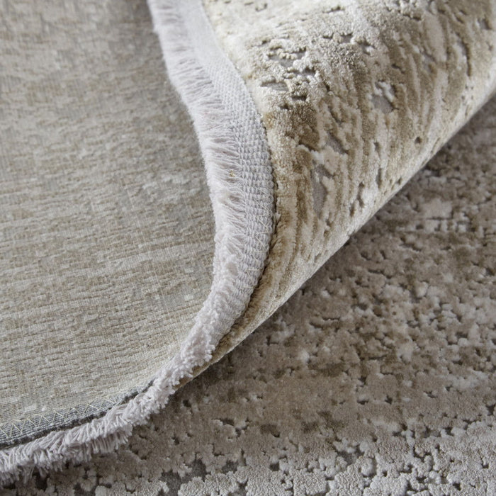 3' x 10' Abstract Power Loom Distressed Runner Rug With Fringe - Tan Ivory And Gray