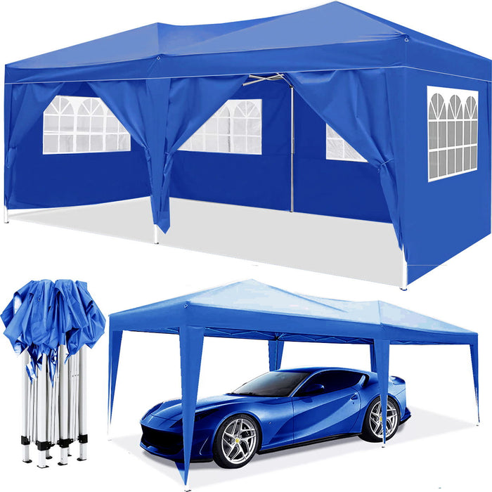 Giga 10x20 ft portable pop-up canopy tent with removable sidewalls, carrying bag, and weight bags for outdoor events.