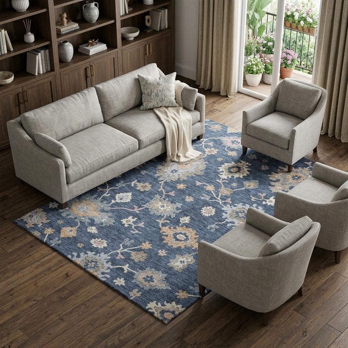 10' X 14' Floral Washable Area Rug With UV Protection (688498) - Navy Blue / Copper / Gray