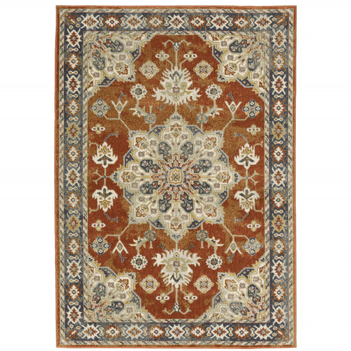 10' x 13' Oriental Power Loom Stain Resistant Area Rug - Rust Beige Teal Blue And Gold