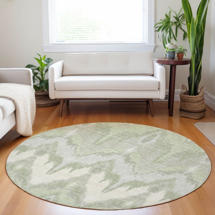 8' Ikat Washable Round Rug With UV Protection - Artichoke Green And Ivory