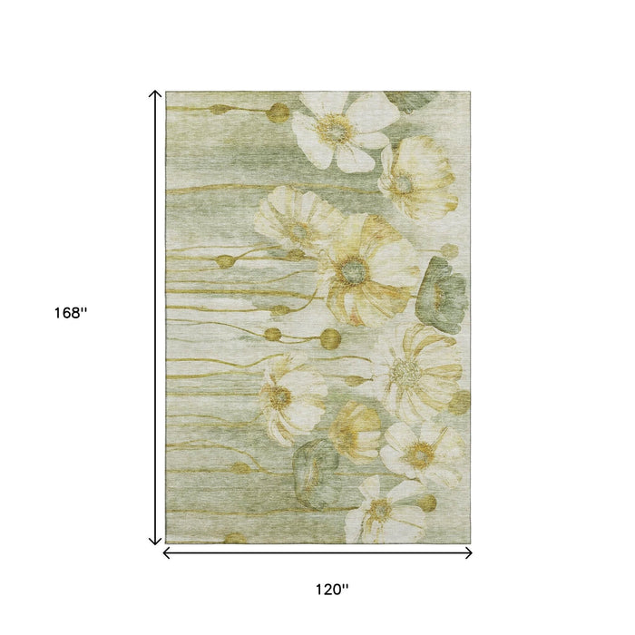 10' X 14' Floral Washable Area Rug With UV Protection (657323) - Sage / Gold / Ivory