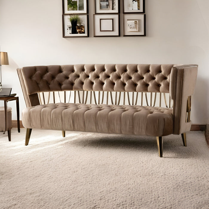 Velvet Exposed Back Love Seat - Dark Beige / Gold