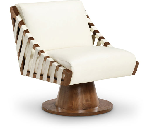 Meridian Furniture Millwin swivel accent chair with brown base, modern design, cushioned seat and backrest for stylish comfort.