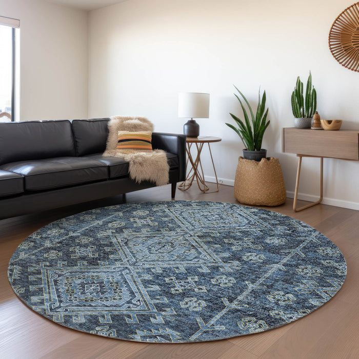 8' Geometric Washable Round Rug With UV Protection - Blue And Sky