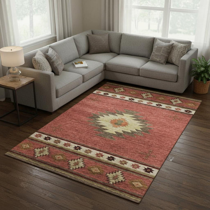 9' X 12' Geometric Washable Area Rug With UV Protection (645671) - Cinnamon / Ivory / Beige