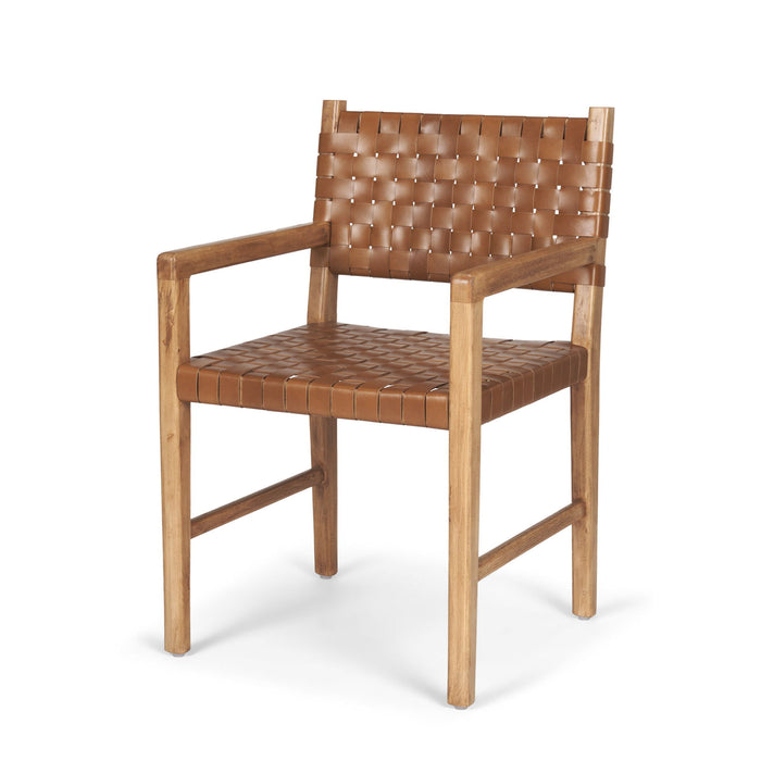 Woven Leather And Solid Wood Dining Arm Chair - Brown