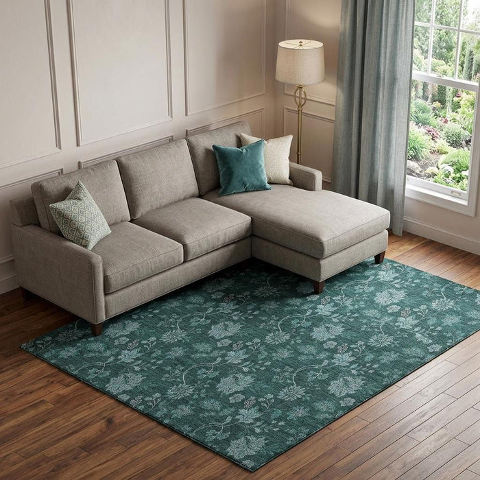 9' X 12' Floral Washable Area Rug With UV Protection (655943) - Teal / Ivory