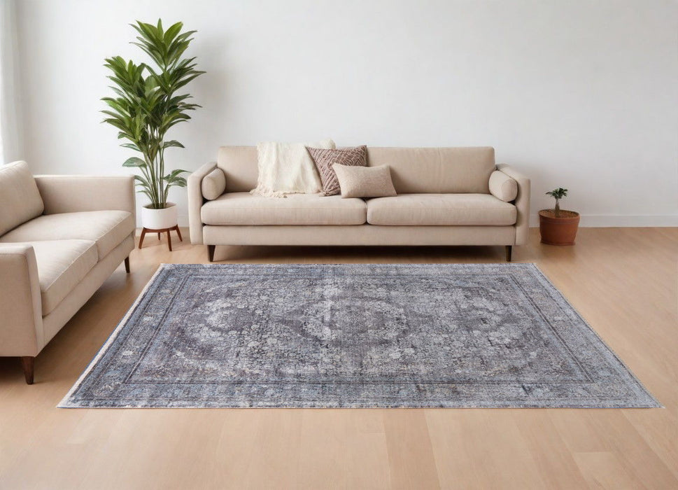 7.8' x 9.8' Oriental Power Loom Worn Faded Area Rug - Gray And Silver