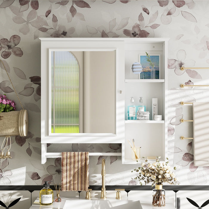 Giga wall-mounted bathroom medicine cabinet with large mirror door, adjustable shelves, and three open storage levels.