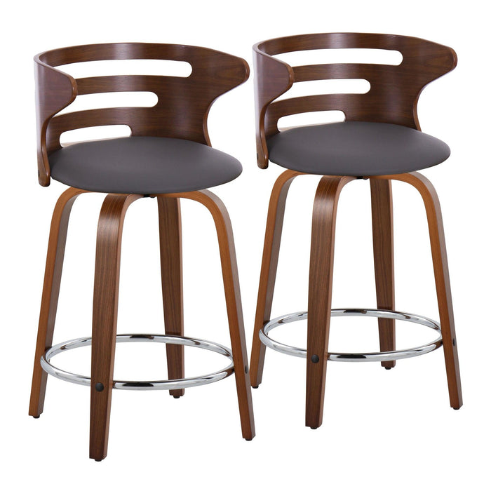 Cosi - 24" Fixed-Height Counter Stool With Swivel And Round Chrome Metal Footrest (Set of 2) - Walnut Wood And Brown Faux Leather