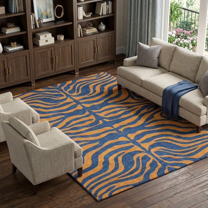 10' X 14' Animal Print Washable Area Rug With UV Protection (681833) - Navy Blue / Orange
