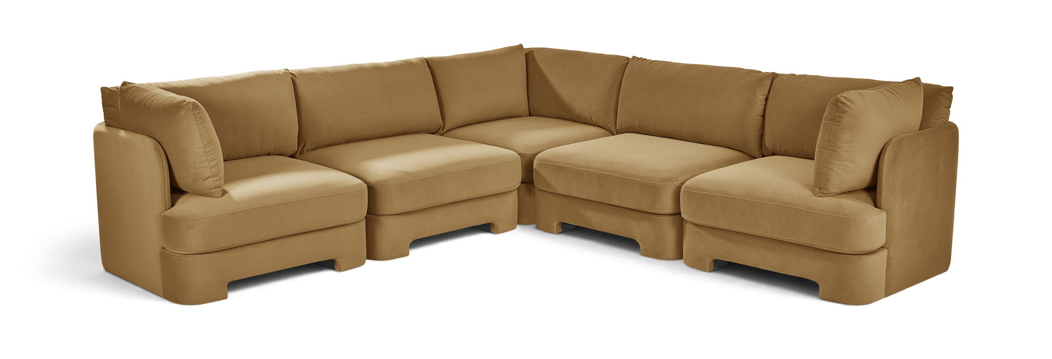 Meridian Furniture velvet performance fabric upholstered 5-piece corner sectional sofa with plush cushions and modern design.