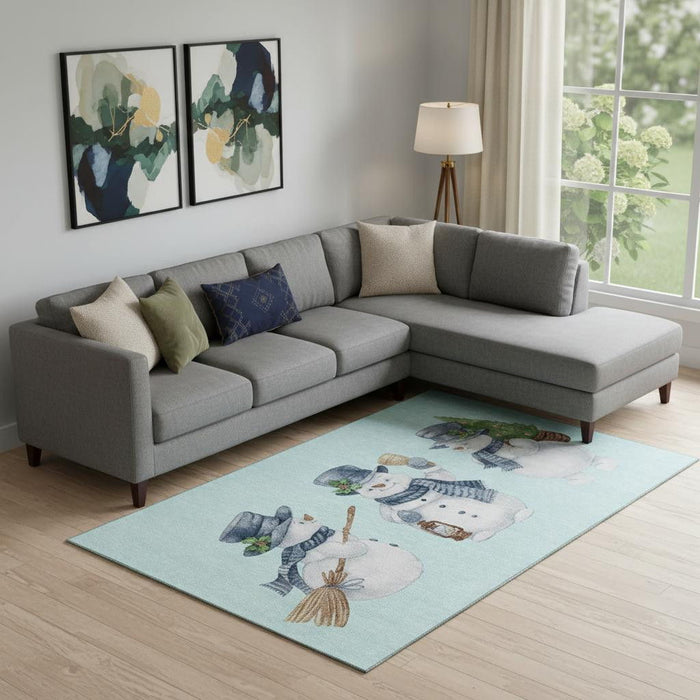 10' X 14' Geometric Washable Area Rug With UV Protection (702431) - Sky Blue / Green / Ivory