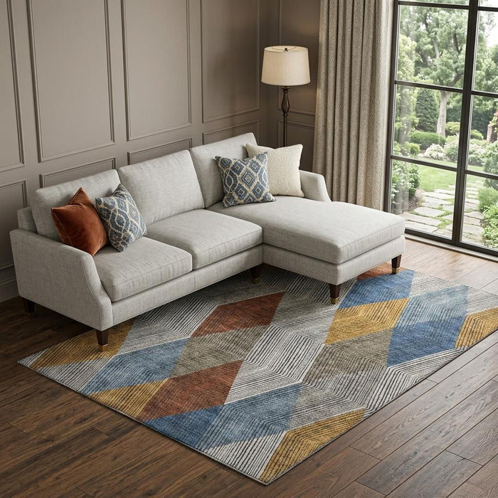 10' X 14' Geometric Washable Area Rug With UV Protection (676182) - Gray / Blue / Gold