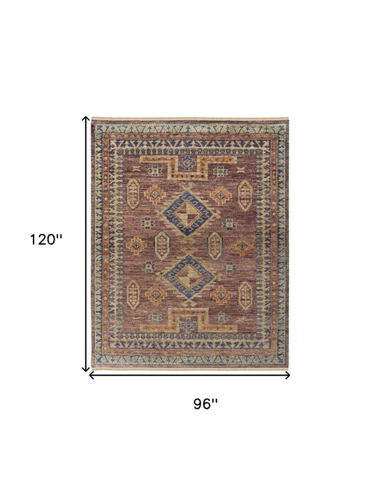8' x 10' Wool Geometric Hand Knotted Area Rug With Fringe - Blue Red And Tan
